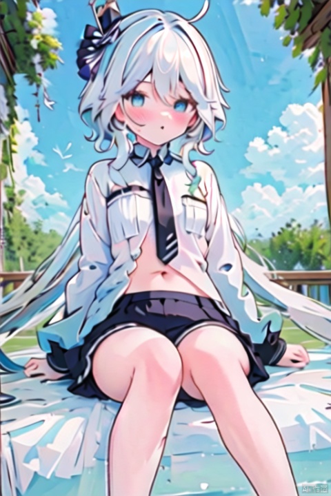 1girl, long hair, White hair, jitome, flat chest, sitting, on park, day, blue Sky, clouds, black shorts, White shirt, long legwears, camera