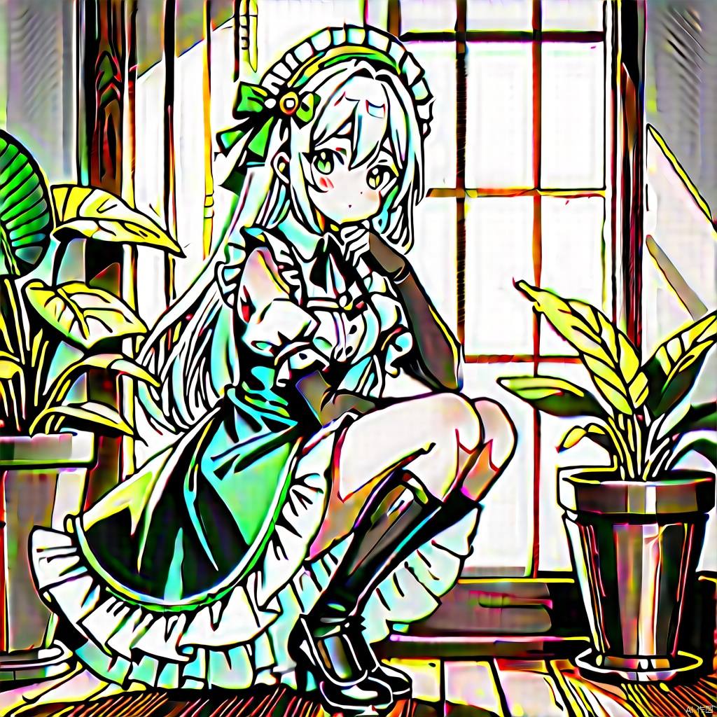 1girl, solo, long hair, looking at viewer, bangs, gloves, dress, green eyes, white hair, multicolored hair, frills, green hair, indoors, black footwear, apron, maid, maid headdress, kneeling, gradient hair, plant, cage, birdcage,nahida (genshin impact),蠢沫沫