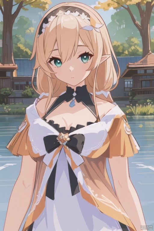 (((masterpiece))), (((best quality))), ((ultra-detailed)), (illustration), ((an extremely delicate and beautiful)),dynamic angle,floating, (beautiful detailed eyes), (detailed light) (1girl), loli, small_breasts, floating_hair,  glowing eyes, pointy_ears, white hair, green eyes,halter dress, feather, leaves, nature, (sunlight), river, (forest),(painting),(sketch),(bloom)