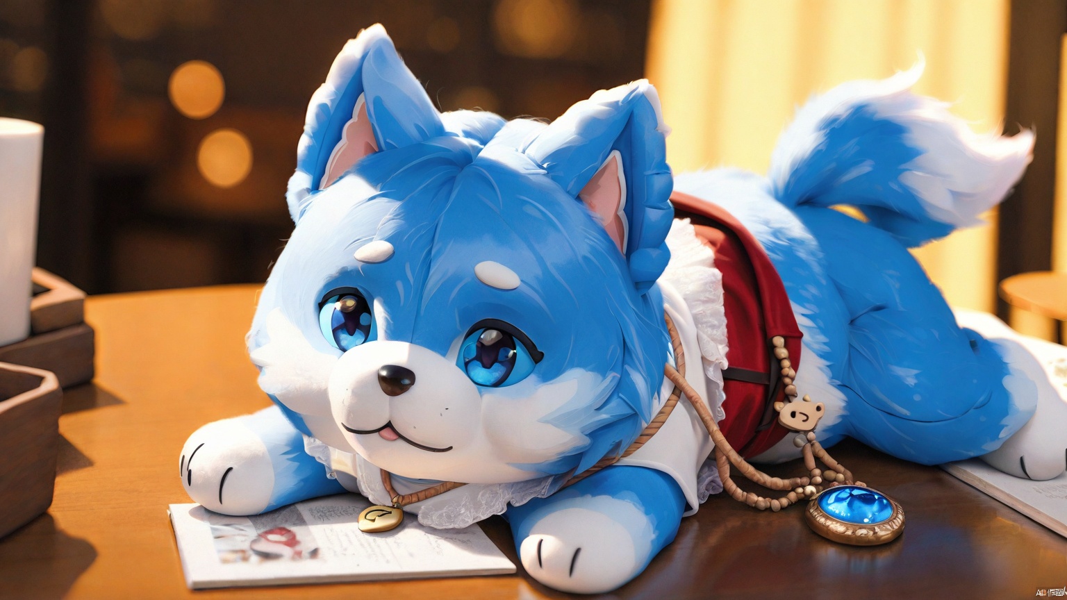 photo r3al, masterpiece, best quality, ultra realistic, cute little friendly blue dog mascot, on a table, warm lighting, clothed like a traveling merchant, Spirit Fox Pendant, ColorART, simple, minimalistic