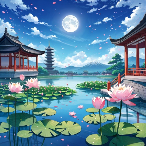 flower, outdoors, sky, day, cloud, water, blue sky, petals, no humans, moon, cloudy sky, building, scenery, reflection, mountain, architecture, east asian architecture, lily pad, lotus, pond, pagoda