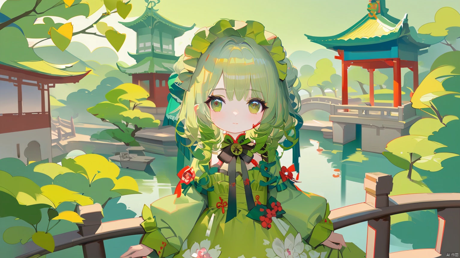 1girl, beautiful face, Green hair, Lolita dress,Chinese build,trees,guochao,oil painting