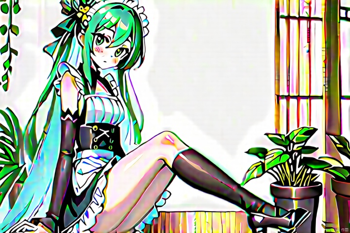 1girl, solo, long hair, looking at viewer, bangs, gloves, dress, green eyes, white hair, multicolored hair, frills, green hair, indoors, black footwear, apron, maid, maid headdress, kneeling, gradient hair, plant, cage, birdcage,nahida (genshin impact),蠢沫沫