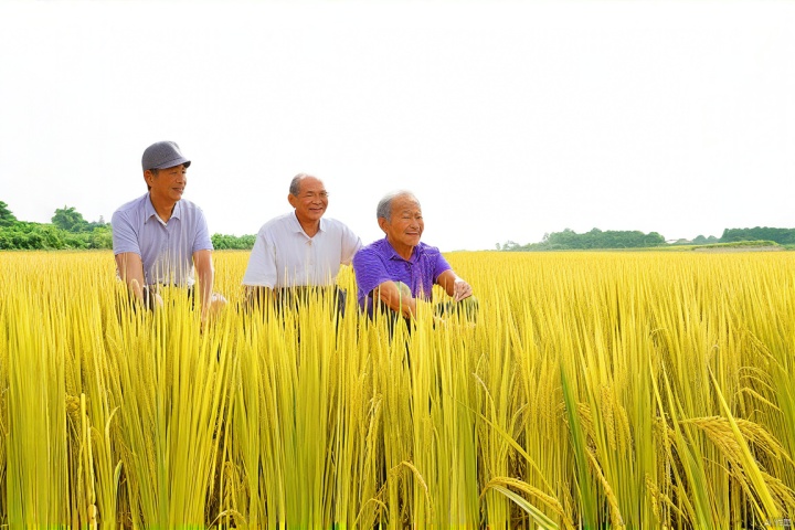 水稻长得有高粱那么高,穗子像扫把那么长,子粒像花生米那么大,一个老人和几个朋友坐在稻穗下面乘凉。