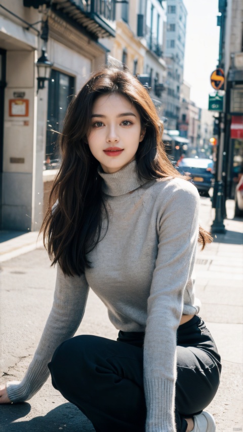  1girl, smiling,Realistic movie lighting,grey turtleneck sweater(((skindentation),(skin tight)),ultradetailed,8K,detailed face,photorealistic,1girl,long hair,solo,fullbody,complex background, look at the viewer, detailedbackground,sweating details,realistic, fullbody,long legs,real,Lacrimal nevus,realism, Delicate glowing skin,masterpiece,bestquality,distant view,depth of field,dynamic perspective,Perfectly proportioned figure,Detailed skin description, black pantyhose,street,daytime,good weather,coffee shop in the background,sexyass