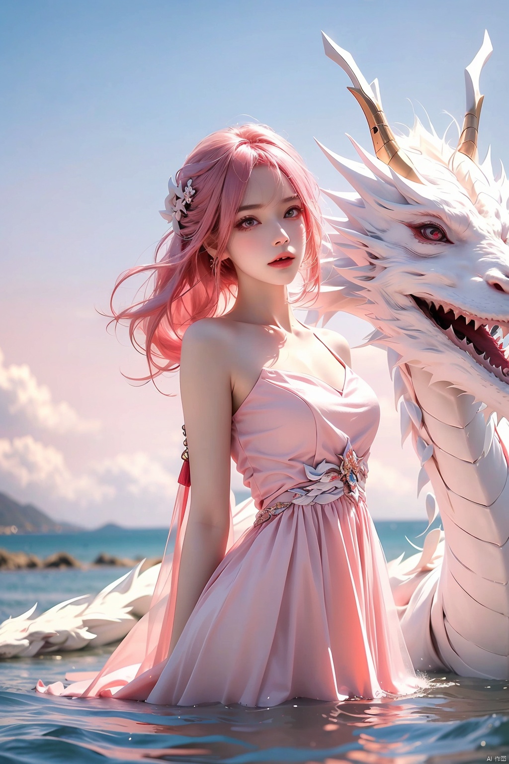  (Ultra wide angle lens), viewed from below,1girl,Wide angle lens, pink dress, bare shoulders,hair between eyes, outdoor, pink hair, sky, solo, wading, (white dragon), 1girl