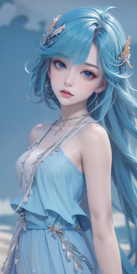  DLY,1girl,solo,blue hair,blue eyes,dress,hair ornament,ahoge,long hair,jewelry,looking at viewer,bracelet,bluedress,bangs,(((1 girl))), (medium breasts:), ((upper body:0.7)), half body photo, female solo, depth of field, blue earrings, blue jewelry, off-shoulder white shirt, black tight skirt, (at beach), blonde hair, photorealistic:1.3, realistic), highly detailed CG unified 8K wallpapers, (((straight from front))), (HQ skin:1.3, shiny skin), 8k uhd, dslr, soft lighting, high quality, film grain, Fujifilm XT3, (professional lighting), nangongwan, red lips,