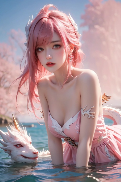  (Ultra wide angle lens), viewed from below,1girl,Wide angle lens, pink dress, bare shoulders,hair between eyes, outdoor, pink hair, sky, solo, wading, (white dragon), 1girl