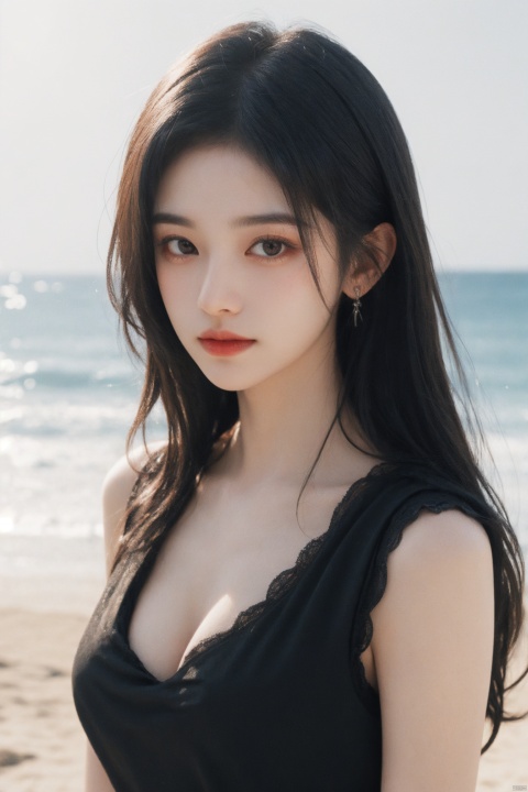  1girl, black dress,(faded ash gray hair:1), (at beach),looking at viewer, RAW photo, (photorealistic:1.37, realistic), highly detailed CG unified 8K wallpapers,(thick body:1.1),(((straight from front))), (HQ skin:1.8, shiny skin), 8k uhd, dslr, soft lighting, high quality, film grain, Fujifilm XT3, (professional lighting:1.6),,medium breasts, cleavage,Short sleeve, dimples,Immaculate skin,jujingyi,Hepburn style,Sexy, jewelry,jwy1, jujingyi,