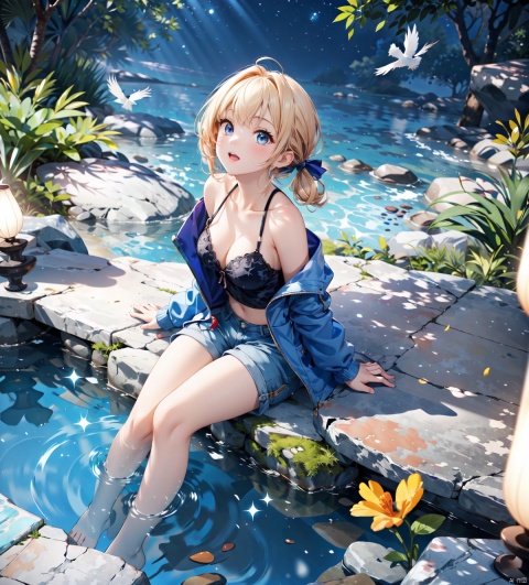  1girl,blonde hair,blue eyes,(very long twin tails,looking up),sharp hair,sitting,rocks,river,((reflection,night,star_(sky))),
stretch hand, (full body,mid shot,depth of field),(birds),(from above:1.2),dark_blue down coat,bare leg,shorts,(blurry background),backlight, xinniang, Chisato and Takina