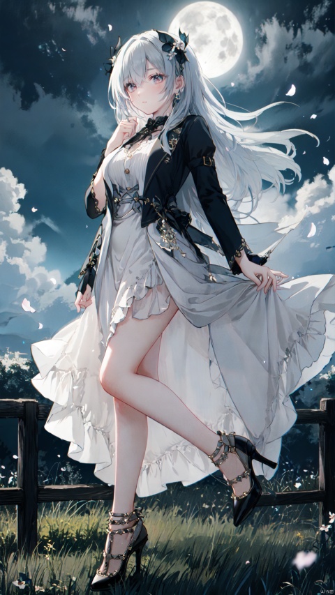  tutututu, high heels, full body, masterpiece, best quality, 1girl, (colorful),(delicate eyes and face), volumatic light, ray tracing, bust shot ,extremely detailed CG unity 8k wallpaper,solo,smile,intricate skirt,((flying petal)),(Flowery meadow) sky, cloudy_sky, moonlight, moon, night, (dark theme:1.3), light, fantasy, windy, magic sparks, dark castle,white hair,,high heels