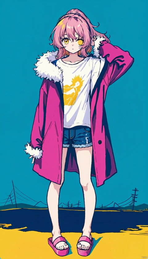  1petite loli, solo.pink hair, long pink hair, (yellow eyes), puffy sleeves, fur-trimmed jacket, hair flower, fipped hair, high ponytail, loose over_sized Casual T-shirt, white shirt, hoodie coat, bare legs, slippers;relaxed, one-eye_closed, adjusting hair, looking at viewer, standing.