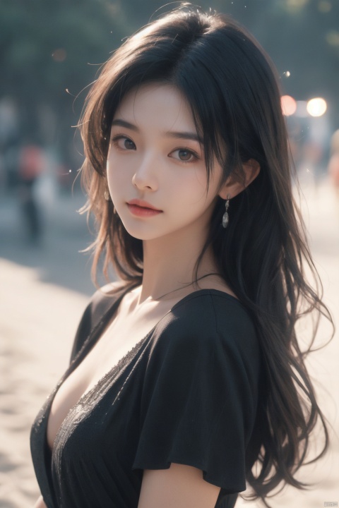  1girl, black dress,(faded ash gray hair:1), (at beach),looking at viewer, RAW photo, (photorealistic:1.37, realistic), highly detailed CG unified 8K wallpapers,(thick body:1.1),(((straight from front))), (HQ skin:1.8, shiny skin), 8k uhd, dslr, soft lighting, high quality, film grain, Fujifilm XT3, (professional lighting:1.6),,medium breasts, cleavage,Short sleeve, dimples,Immaculate skin,jujingyi,Hepburn style, jwy1, jujingyi, bj_Devil_angel