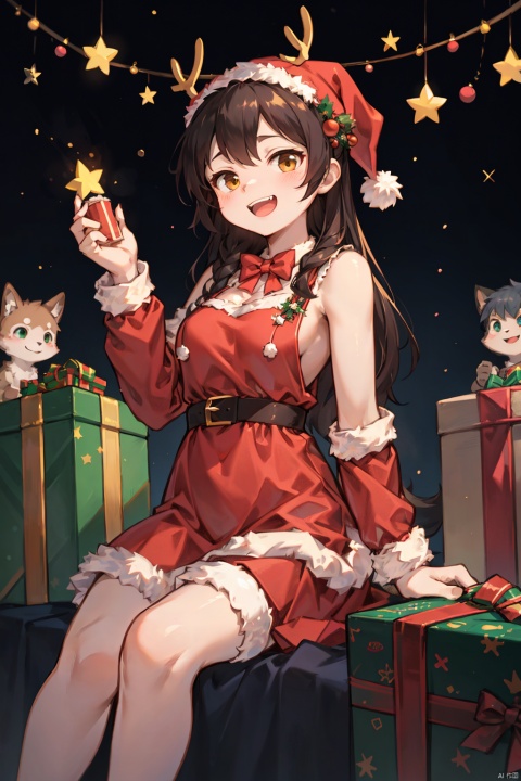  A charming illustration of a girl, radiating joy and excitement, at a Christmas party. The art form is reminiscent of a dynamic manga drawing, capturing the girl's playful and adorable expression. She wears a vibrant red Christmas costume, featuring a frilly dress adorned with bells and a star-shaped accessory in her hair. Surrounding her, colorful presents are stacked, adding to the festive atmosphere. The scene is set against a simple background, allowing the focus to be on the girl and her joyful presence. In a whimsical twist, she sits atop a large star, as if floating in the air, adding a touch of magic to the illustration. The overall result is a delightful depiction of a girl enjoying the holiday spirit with her friends, evoking a sense of warmth and happiness., christmas