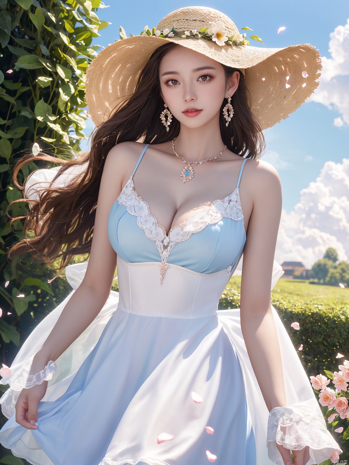  masterpiece, 1 girl, 18 years old, Look at me, long_hair, straw_hat, Wreath, petals, Big breasts, Light blue sky, Clouds, hat_flower, jewelry, Stand, outdoors, Garden, falling_petals, White dress, textured skin, super detail, best quality, HUBG_Rococo_Style(loanword)