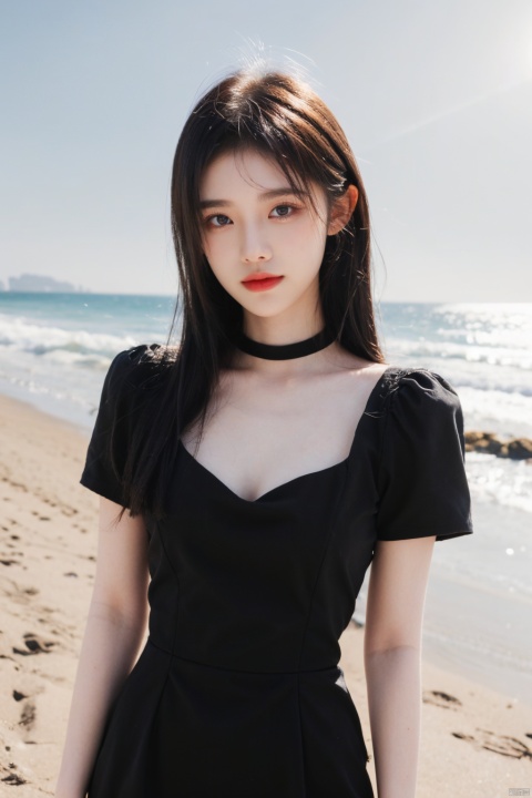  1girl, black dress, black choker, (faded ash gray hair:1), (at beach),looking at viewer, RAW photo, (photorealistic:1.37, realistic), highly detailed CG unified 8K wallpapers,(thick body:1.1),(((straight from front))), (HQ skin:1.8, shiny skin), 8k uhd, dslr, soft lighting, high quality, film grain, Fujifilm XT3, (professional lighting:1.6),,medium breasts, cleavage,Short sleeve, dimples,jujingyi,