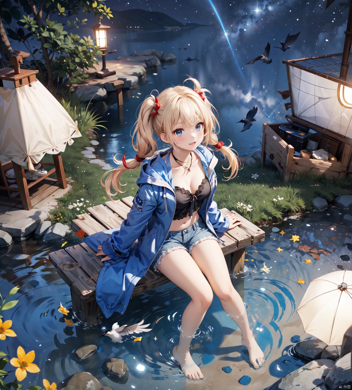  1girl,blonde hair,blue eyes,(very long twin tails,looking up),sharp hair,sitting,rocks,river,((reflection,night,star_(sky))),
stretch hand, (full body,mid shot,depth of field),(birds),(from above:1.2),dark_blue down coat,bare leg,shorts,(blurry background),backlight, xinniang, Chisato and Takina