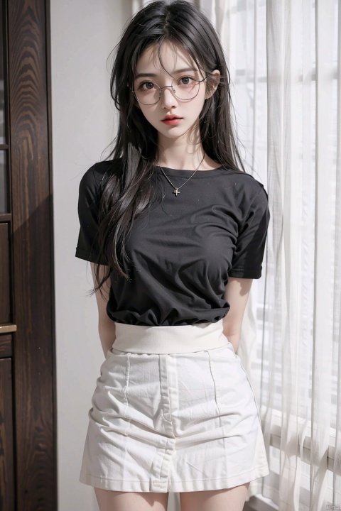  A girl, black jk, white top, shooting pose, black hair, black glasses, big eyes, long legs, thin waist, hands hidden, arms behind back, incredibly_absurdres, close-up, background atmosphere prominent,
