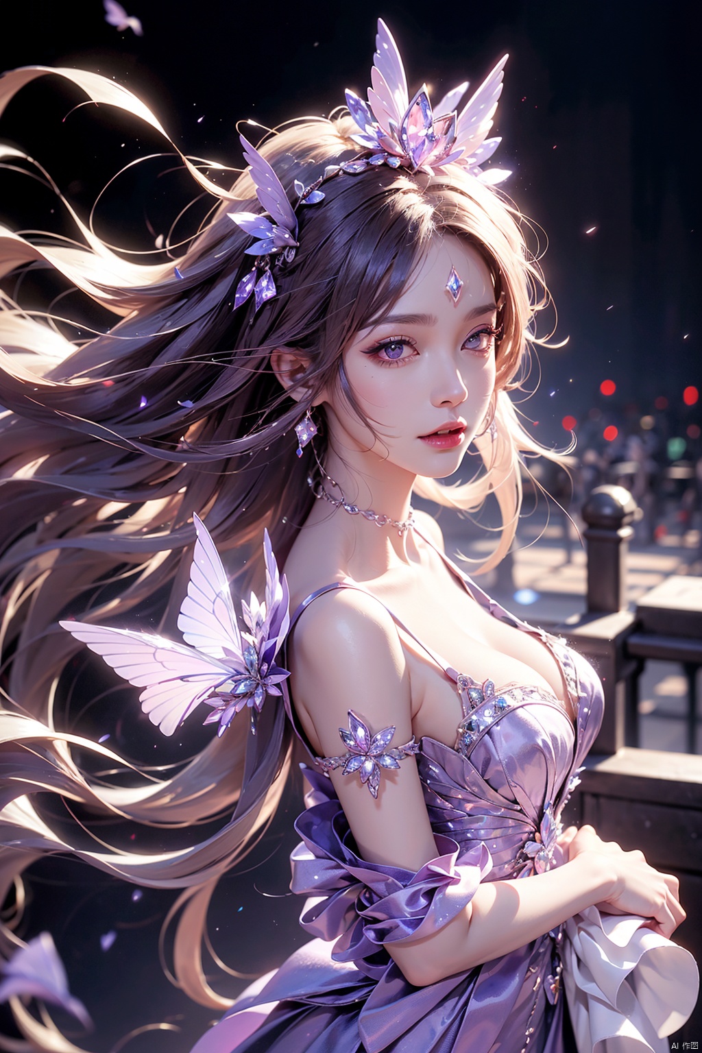  (aerial view,view of city),1girl flying in air,beautiful cute crystal girl in 26 years old, wearing crystal wear, the crystal is evil, Purple and light purple glowing crystal, Purple white crystal hair, the power is every wear, she is evil but cute, the crystal is evil and glowing Purple and light purple colors, detailed evil eyes,she has a serious expression and her lips are closed glowing crystal wear, (incredible details, cinematic ultra wide angle, depth of failed, hyper detailed, insane details, hyper realistic, high resolution, cinematic lighting, soft lighting, incredible quality, dynamic shot,,Hair with scenery,baiyueguangya,huliya,glint sparkle,1 girl, subway, 1girl,high_heels