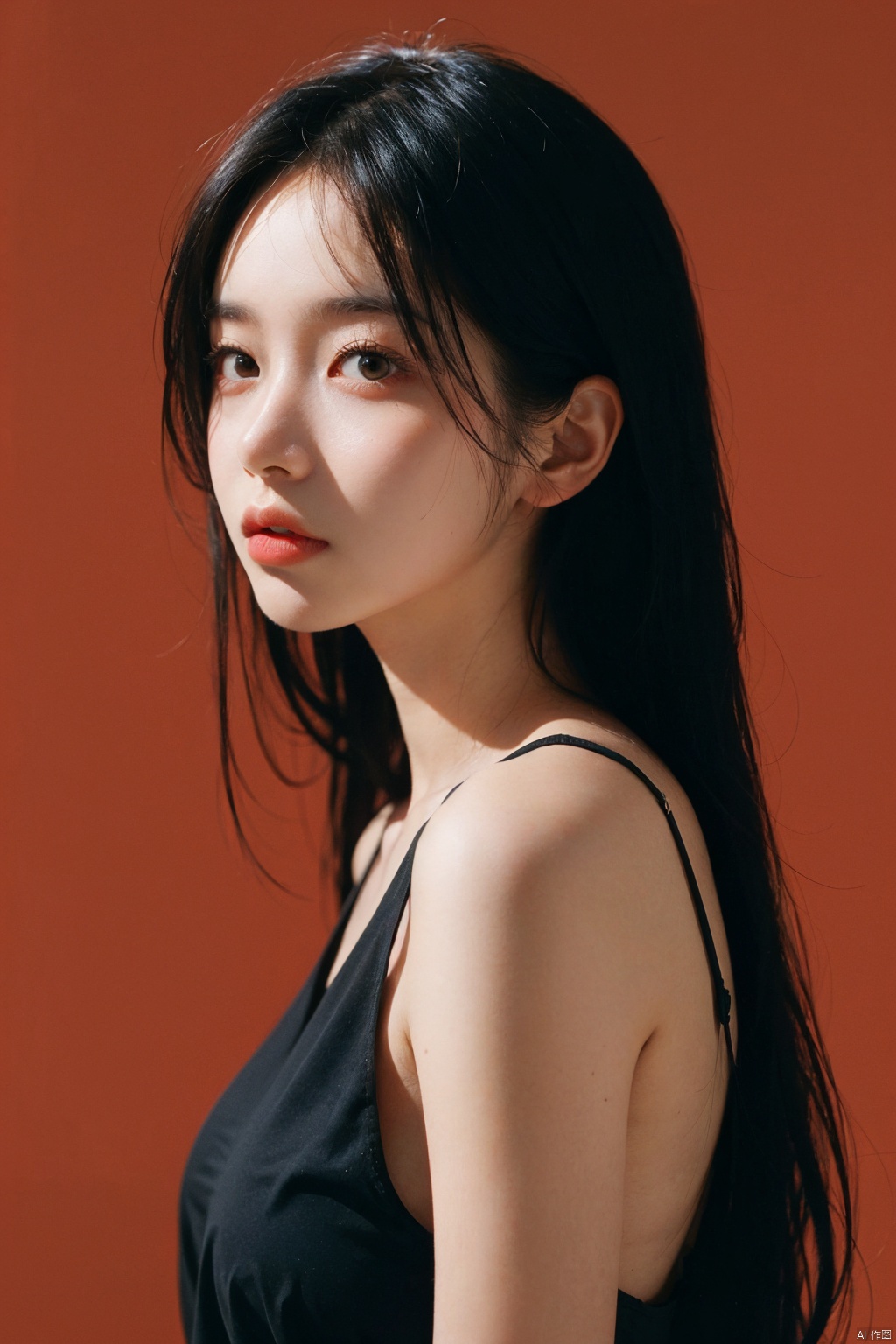  a 20 yo woman,long hair,dark theme, soothing tones, muted colors, high contrast, (natural skin texture, hyperrealism, soft light, sharp),red background,simple background,