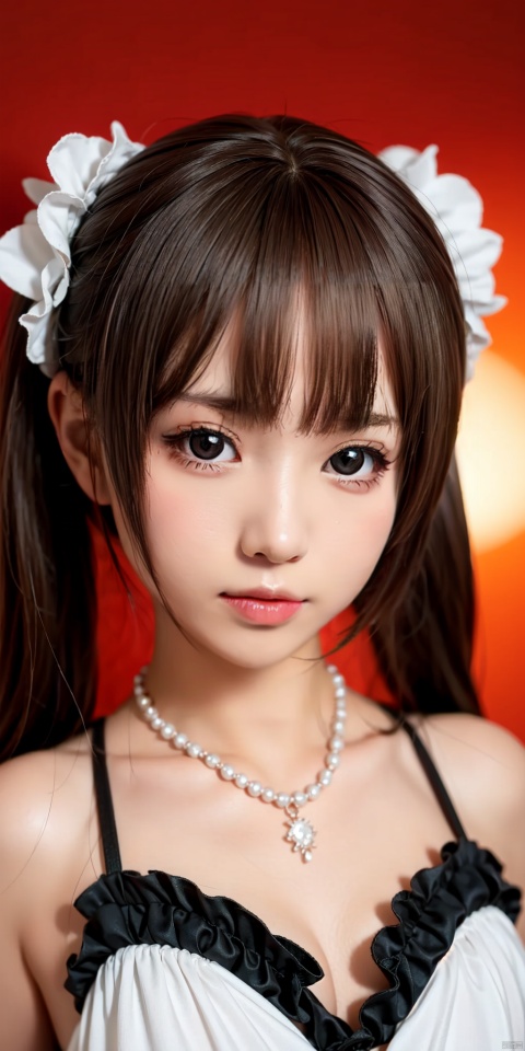  1girl, solo, looking at viewer, bangs, brown hair, black hair, hair ornament, twintails, jewelry, upper body, necklace, black eyes, lips, realistic, 3d stely, loli, guzhuang, Nendoroid 