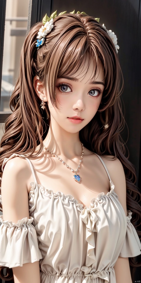  1girl, solo, looking at viewer, bangs, brown hair, black hair, hair ornament, twintails, jewelry, upper body, necklace, black eyes, lips, realistic