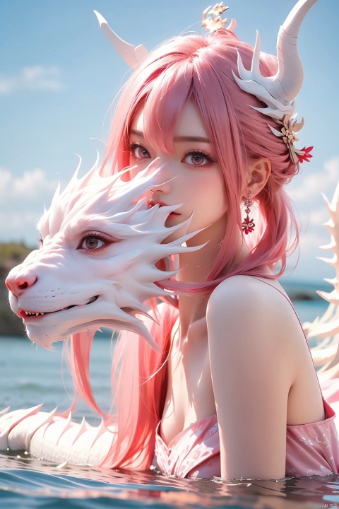  (Ultra wide angle lens), viewed from below,1girl,Wide angle lens, pink dress, bare shoulders,hair between eyes, outdoor, pink hair, sky, solo, wading, (white dragon), 1girl