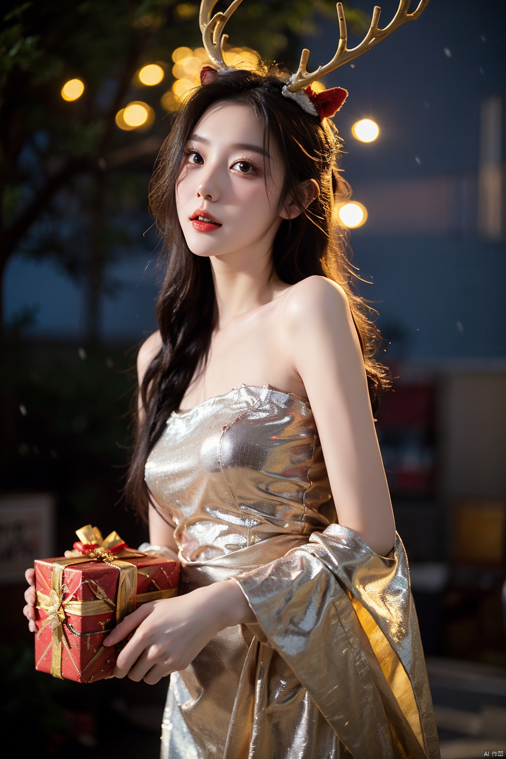  1girl,christmas,bare shoulders,antlers,(cowboy shot close-up),standing,exquisite eyes,outdoors,night,cityscape,snowing,elegant posture,,(an extremely delicate and beautiful),(best quality),((masterpiece)),intricate detail,(masterpiece, high quality, best quality),fireworks,