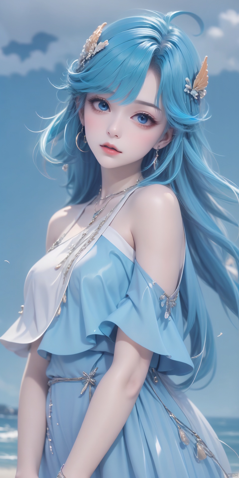  DLY,1girl,solo,blue hair,blue eyes,dress,hair ornament,ahoge,long hair,jewelry,looking at viewer,bracelet,bluedress,bangs,(((1 girl))), (medium breasts:), ((upper body:0.7)), half body photo, female solo, depth of field, blue earrings, blue jewelry, off-shoulder white shirt, black tight skirt, (at beach), blonde hair, photorealistic:1.3, realistic), highly detailed CG unified 8K wallpapers, (((straight from front))), (HQ skin:1.3, shiny skin), 8k uhd, dslr, soft lighting, high quality, film grain, Fujifilm XT3, (professional lighting), nangongwan, red lips,