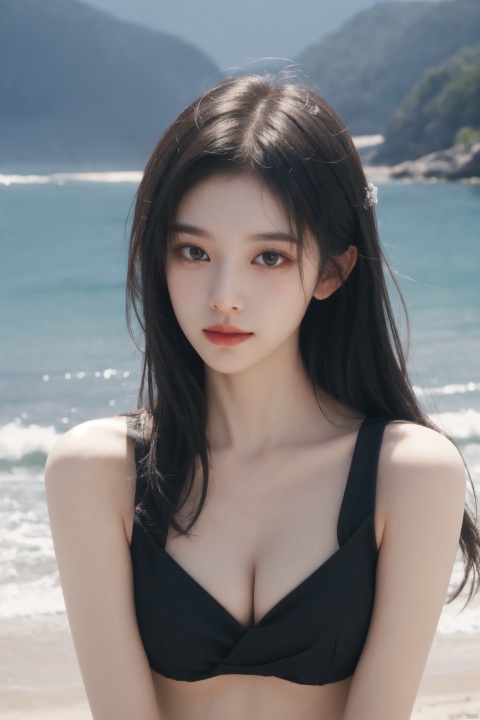  1girl, black dress,(faded ash gray hair:1), (at beach),looking at viewer, RAW photo, (photorealistic:1.37, realistic), highly detailed CG unified 8K wallpapers,(thick body:1.1),(((straight from front))), (HQ skin:1.8, shiny skin), 8k uhd, dslr, soft lighting, high quality, film grain, Fujifilm XT3, (professional lighting:1.6),,medium breasts, cleavage,Short sleeve, dimples,Immaculate skin,jujingyi,Hepburn style,Sexy, jewelry,jwy1, jujingyi,