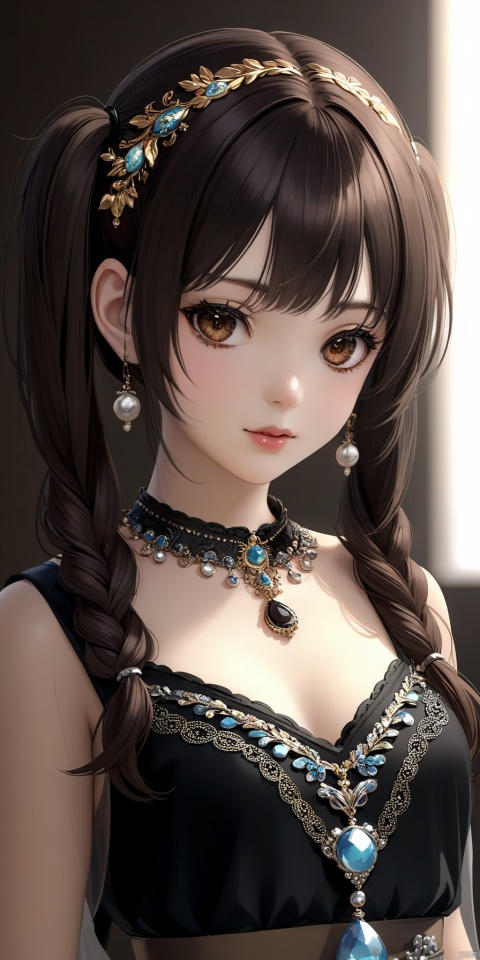  1girl, solo, looking at viewer, bangs, brown hair, black hair, hair ornament, twintails, jewelry, upper body, necklace, black eyes, lips, realistic, 3d stely