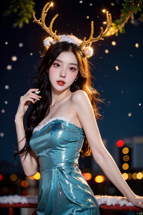  1girl,christmas,bare shoulders,antlers,(cowboy shot close-up),standing,exquisite eyes,outdoors,night,cityscape,snowing,elegant posture,,(an extremely delicate and beautiful),(best quality),((masterpiece)),intricate detail,(masterpiece, high quality, best quality),fireworks,