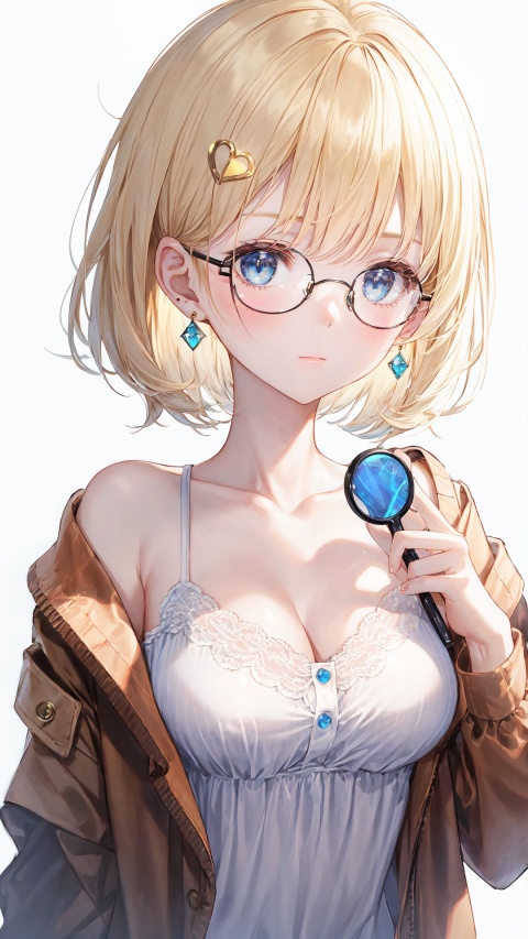  1girl, watson amelia, breasts, virtual youtuber, heart earrings, blonde hair, hair ornament, blue eyes, solo, cleavage, heart, earrings, monocle hair ornament, glasses, jewelry, round eyewear, looking at viewer, bob cut, white background, collarbone, blush, simple background, upper body, large breasts, official alternate hairstyle, bangs, short hair, hairclip, brown jacket, closed mouth, jacket, magnifying glass, shirt, white shirt, medium breasts