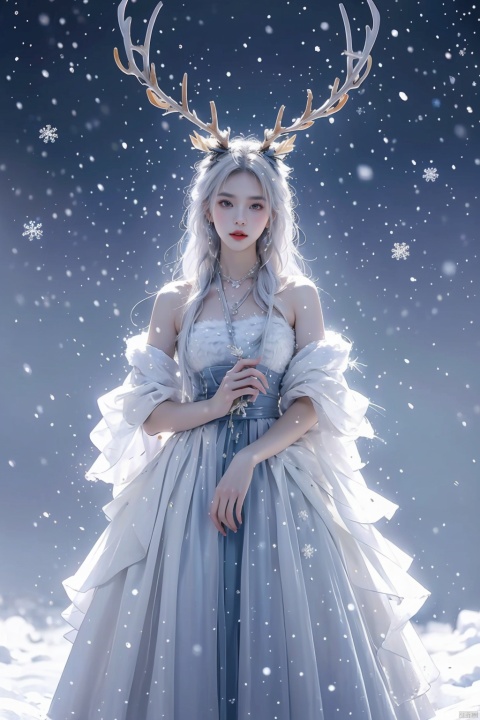  Illustrate a girl with the power of ice, featuring ice-white hair and clothing, set in a snowy landscape. Emphasize (((intricate details))), (((highest quality))), (((extreme detail quality))), and a (((captivating winter composition))). Use a palette of cool blues and whites, drawing inspiration from artists like Artgerm, Sakimichan, and Stanley Lau,midjourney, christmas,antlers