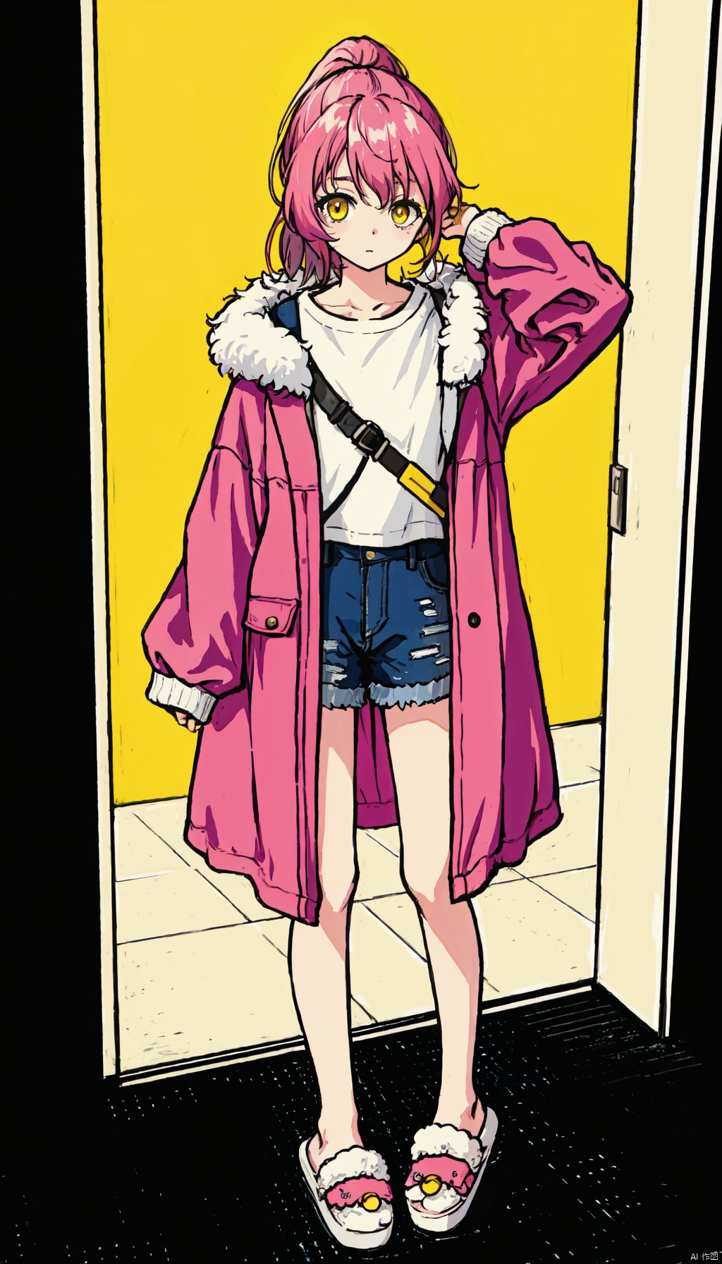  1petite loli, solo.pink hair, long pink hair, (yellow eyes), puffy sleeves, fur-trimmed jacket, hair flower, fipped hair, high ponytail, loose over_sized Casual T-shirt, white shirt, hoodie coat, bare legs, slippers;relaxed, one-eye_closed, adjusting hair, looking at viewer, standing.