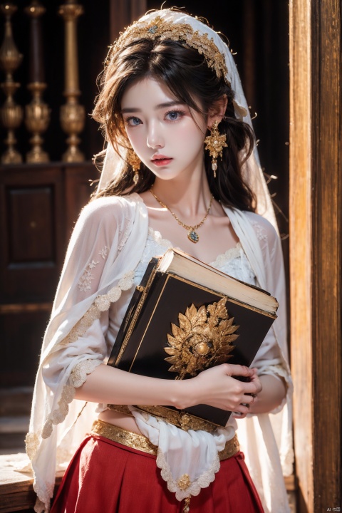  Girl, red skirt, white shawl, antique style earrings, golden puppets, holding ancient books, 8K, eyebrow stickers, RAW, best quality, masterpiece, super high resolution, best quality, beautiful cold light, contour light, hair light, focus eyes,
