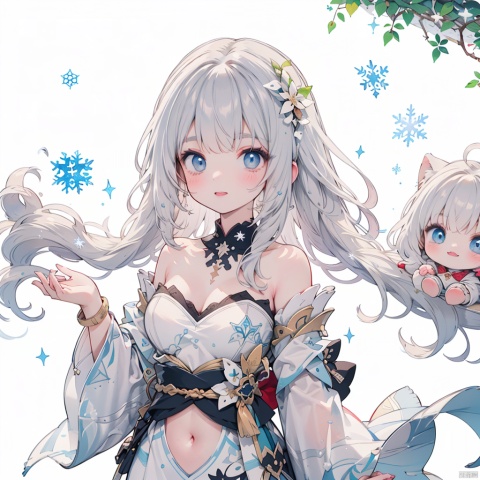  Chibi,((((ink))),((watercolor)),world masterpiece theater, ((best quality)),depth of field,((illustration)),(1 girl),anime face,medium_breast,floating,beautiful detailed sky,looking_at_viewers,an detailed organdie dress,very_close_to_viewers,bare_shoulder,golden_bracelet,focus_on_face,messy_long_hair,veil,upper_body,,lens_flare,light_leaks,bare shoulders,detailed_beautiful_Snow Forest_with_Trees, spirit,grey_hair,White clothes,((Snowflakes)),floating sand flow,navel,(beautiful detailed eyes), (8k_wallpaper), nilou \(genshin impact\),,