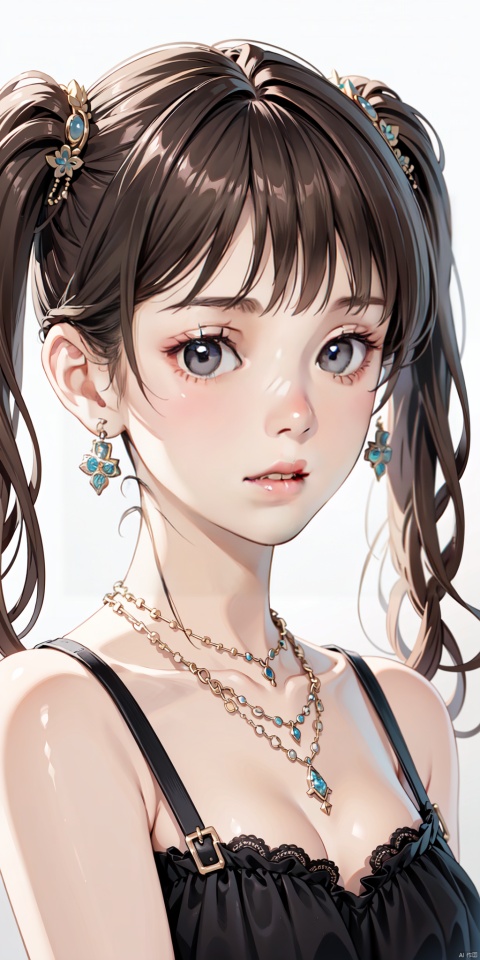1girl, solo, looking at viewer, bangs, brown hair, black hair, hair ornament, twintails, jewelry, upper body, necklace, black eyes, lips, realistic