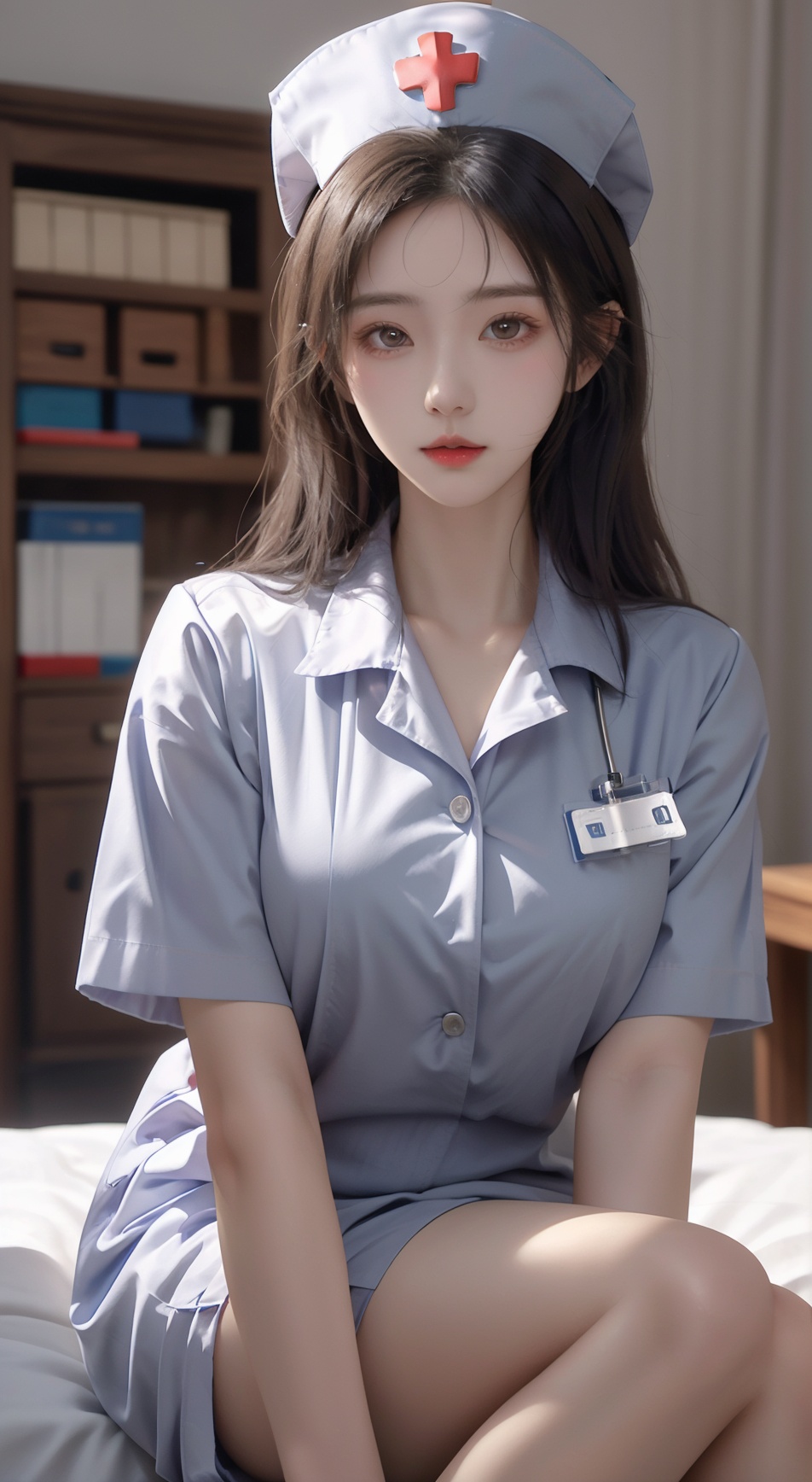  1 girl, wearing transparent white gauze nurse uniform, nurse hat, red cross,Nebula, tutututu, 21yo girl, Trainee Nurse