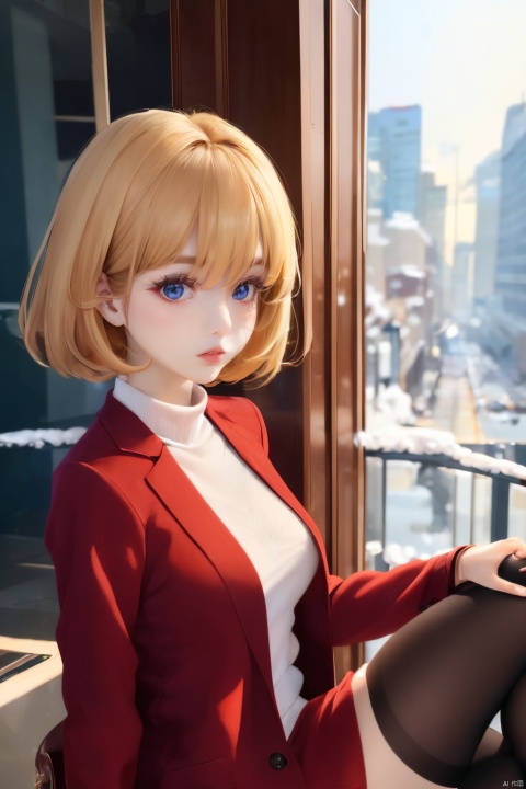  Outdoor scenery, snow view, Snow Mountain, girl, red wool coat, pretty face, short hair, blonde hair, (photo reality: 1.3) , Edge lighting, (high detail skin: 1.2) , 8K Ultra HD, high quality, high resolution, the best ratio of four fingers and a thumb, (photo reality: 1.3) , wearing a red coat, white shirt inside, big chest, solid color background, solid red background, advanced feeling, texture full, 1 girl, Xiqing, HSZT, Xiaxue, dongy, a girl, magic eyes, black 8d smooth stockings