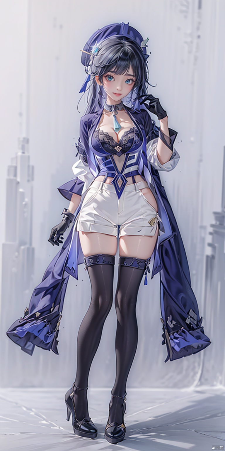 masterpiece,bestquality,,1girl,hat,longhair,ahoge,multicoloredhair,lowponytail,blueeyes,ascot,brooch,longsleeves,jacket,bluebow,gloves,whiteshorts,thighstrap,standing,smile,(whiehair:1.2),full_body,鞋,shoe,(high heels),shidudou, yelan (genshin impact), faxa