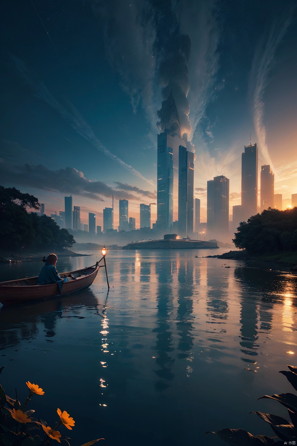  (1girl:1.4),blend, medium shot, bokeh, (hdr:1.4), high contrast, (cinematic, teal and orange:0.85), (muted colors, dim colors, soothing tones:1.3), low saturation,In a realm shrouded in eternal twilight, a hauntingly surreal scene unfolds,Goddesses from unknown dimensions, futuristic technology fused with fantasy, and cities with scenery from the world of anime,(masterpiece),(highquality),bestquality,real,(realistic),superdetailed,(fulldetail),(4k),8k,scenery,sky,outdoors,day,building,water,bluesky,water craft,boat,reflection,flower,,