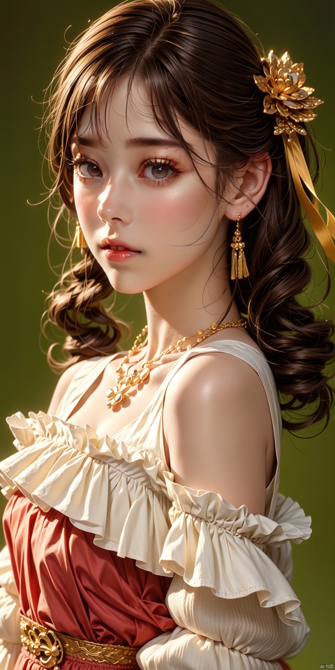  1girl, solo, looking at viewer, bangs, brown hair, black hair, hair ornament, twintails, jewelry, upper body, necklace, black eyes, lips, realistic, 3d stely, loli, guzhuang