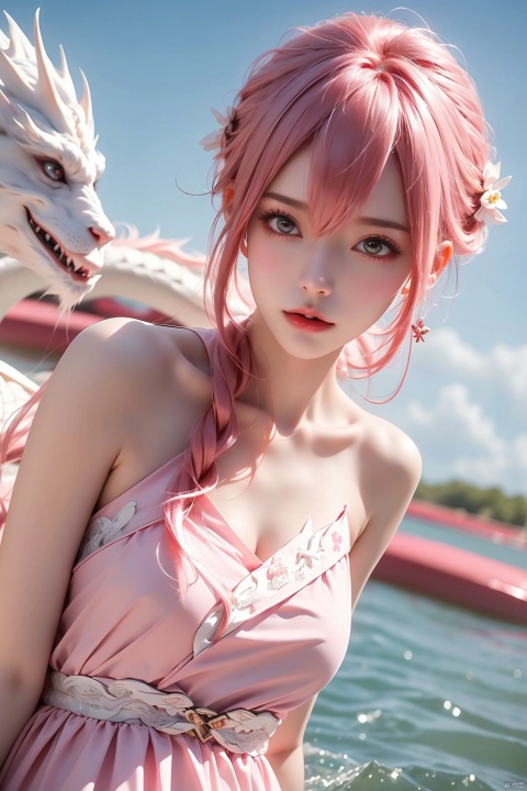  (Ultra wide angle lens), viewed from below,1girl,Wide angle lens, pink dress, bare shoulders,hair between eyes, outdoor, pink hair, sky, solo, wading, (white dragon), 1girl