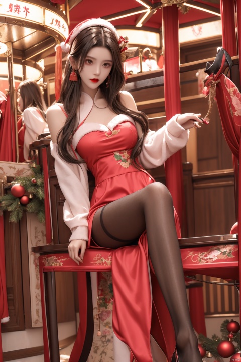  close-up,A cute Chinese girl,dressed in Lolita's outfit,with a long pink wig,sitting on a carousel,with a dreamy light, red lips, 1girl, jujingyi, christmas,high_heels,pantyhose