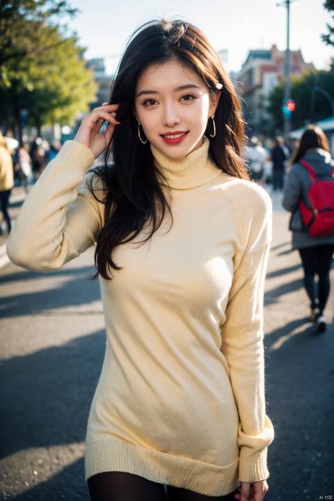  1girl, smiling,Realistic movie lighting,((yellow turtleneck sweater)),(skindentation),(skin tight))),ultradetailed,8K,detailed face,photorealistic,1girl,long hair,,solo, , ,fullbody,complex background, look at the viewer, detailedbackground,sweating details,realistic, fullbody,long legs,real,Lacrimal nevus,realism, Delicate glowing skin,masterpiece,bestquality,distant view,depth of field,dynamic perspective,Perfectly proportioned figure,Detailed skin description, black pantyhose,street,daytime,good weather, Disneyland in the background,JOJO pose,tall,((medium breasts:1.4)),