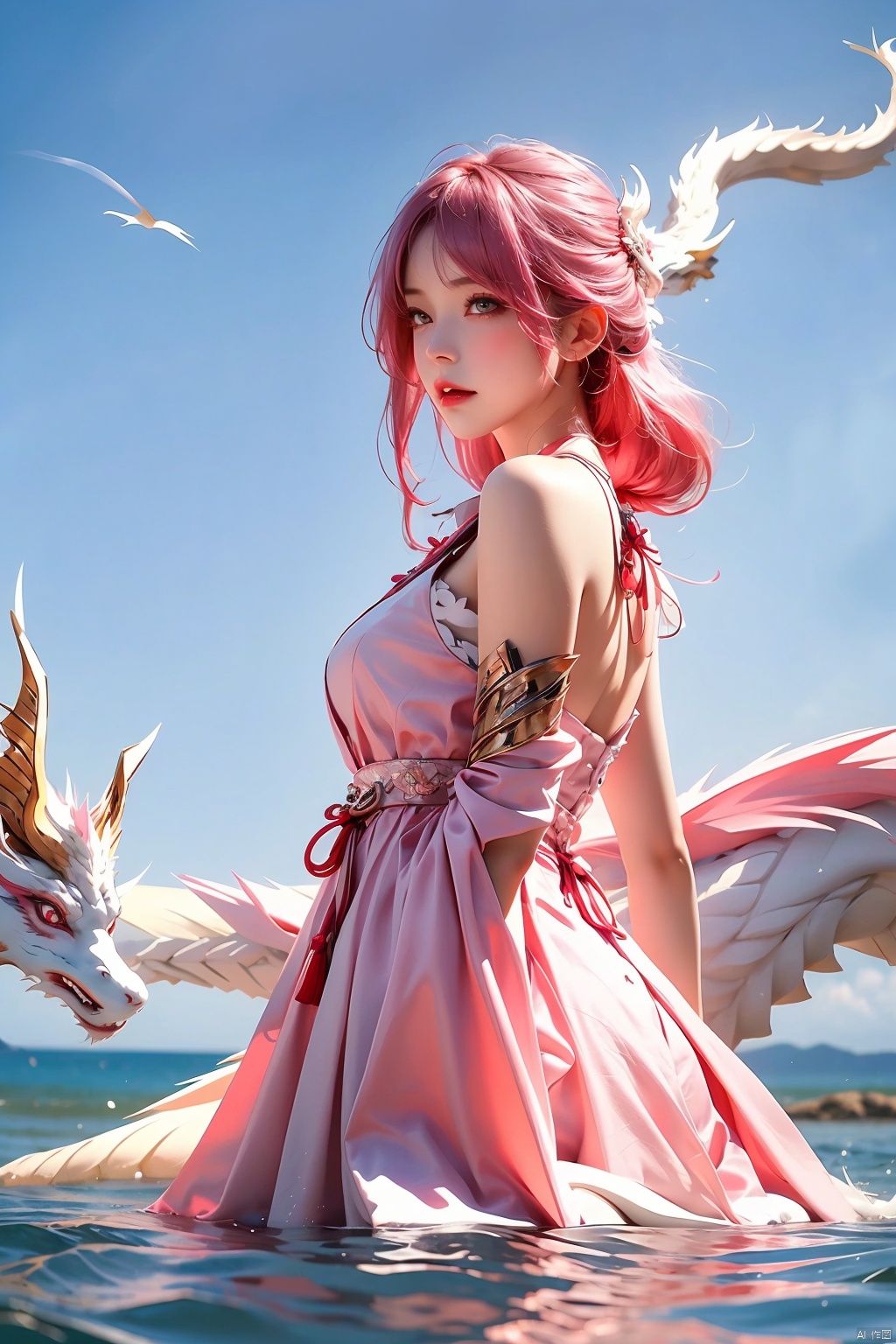  (Ultra wide angle lens), viewed from below,1girl,Wide angle lens, pink dress, bare shoulders,hair between eyes, outdoor, pink hair, sky, solo, wading, (white dragon), 1girl