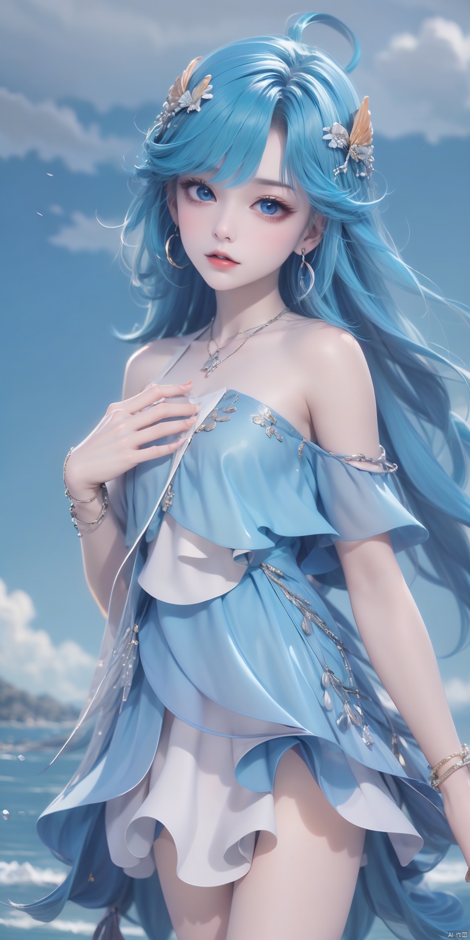  DLY,1girl,solo,blue hair,blue eyes,dress,hair ornament,ahoge,long hair,jewelry,looking at viewer,bracelet,bluedress,bangs,(((1 girl))), (medium breasts:), ((upper body:0.7)), half body photo, female solo, depth of field, blue earrings, blue jewelry, off-shoulder white shirt, black tight skirt, (at beach), blonde hair, photorealistic:1.3, realistic), highly detailed CG unified 8K wallpapers, (((straight from front))), (HQ skin:1.3, shiny skin), 8k uhd, dslr, soft lighting, high quality, film grain, Fujifilm XT3, (professional lighting), nangongwan, red lips,