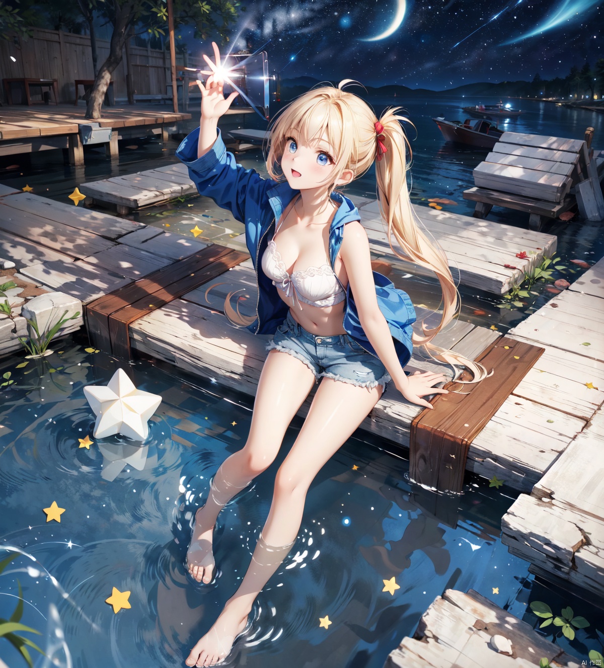  1girl,blonde hair,blue eyes,(very long twin tails,looking up),sharp hair,sitting,rocks,river,((reflection,night,star_(sky))),
stretch hand, (full body,mid shot,depth of field),(birds),(from above:1.2),dark_blue down coat,bare leg,shorts,(blurry background),backlight, xinniang, Chisato and Takina