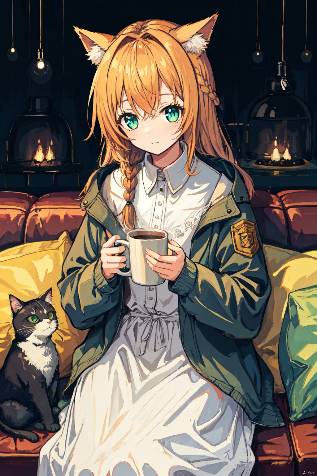  1girl, animal, animal_ears, blue_jacket, braid, cat, cat_ears, closed_mouth, couch, cup, green_eyes, holding, holding_cup, jacket, long_hair, long_sleeves, mug, pillow, sitting, solo, table, + +,sparkling eyes